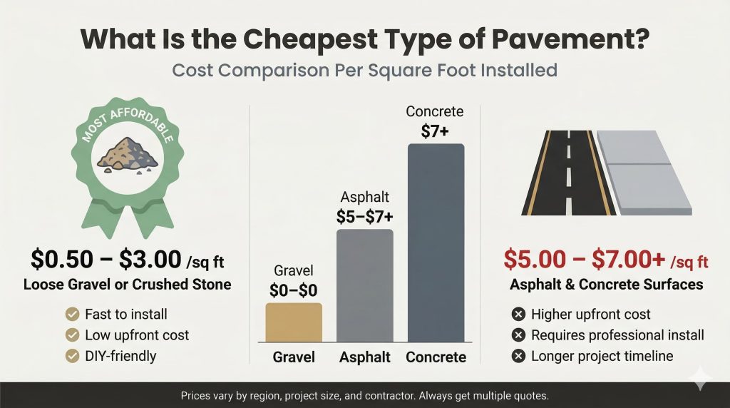 What is the cheapest type of pavement infographic comparing gravel at $0.50 to $3.00 per square foot versus asphalt and concrete starting at $5 to $7 per square foot installed